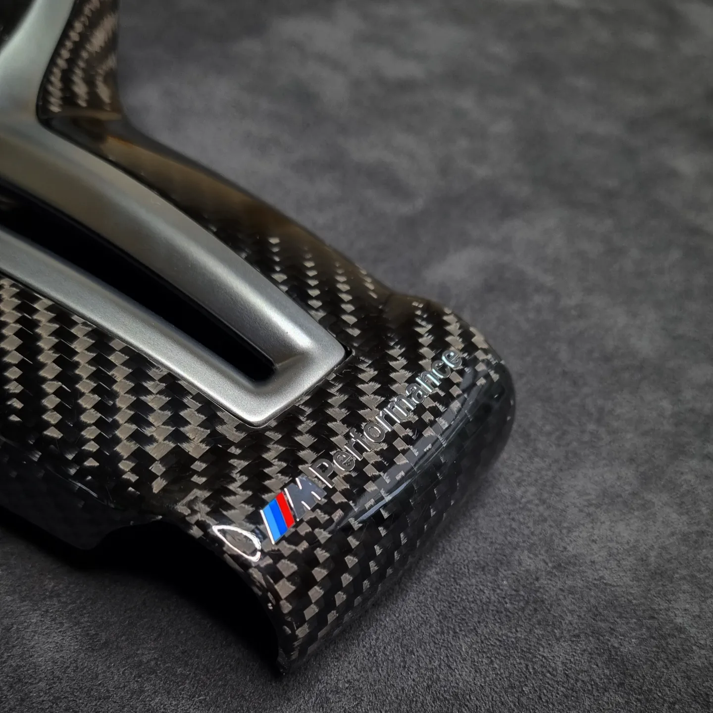 BMW F series Gloss Carbon Fibre Centre trim with MPerformance badge and Silver OEM bezel - Image 2