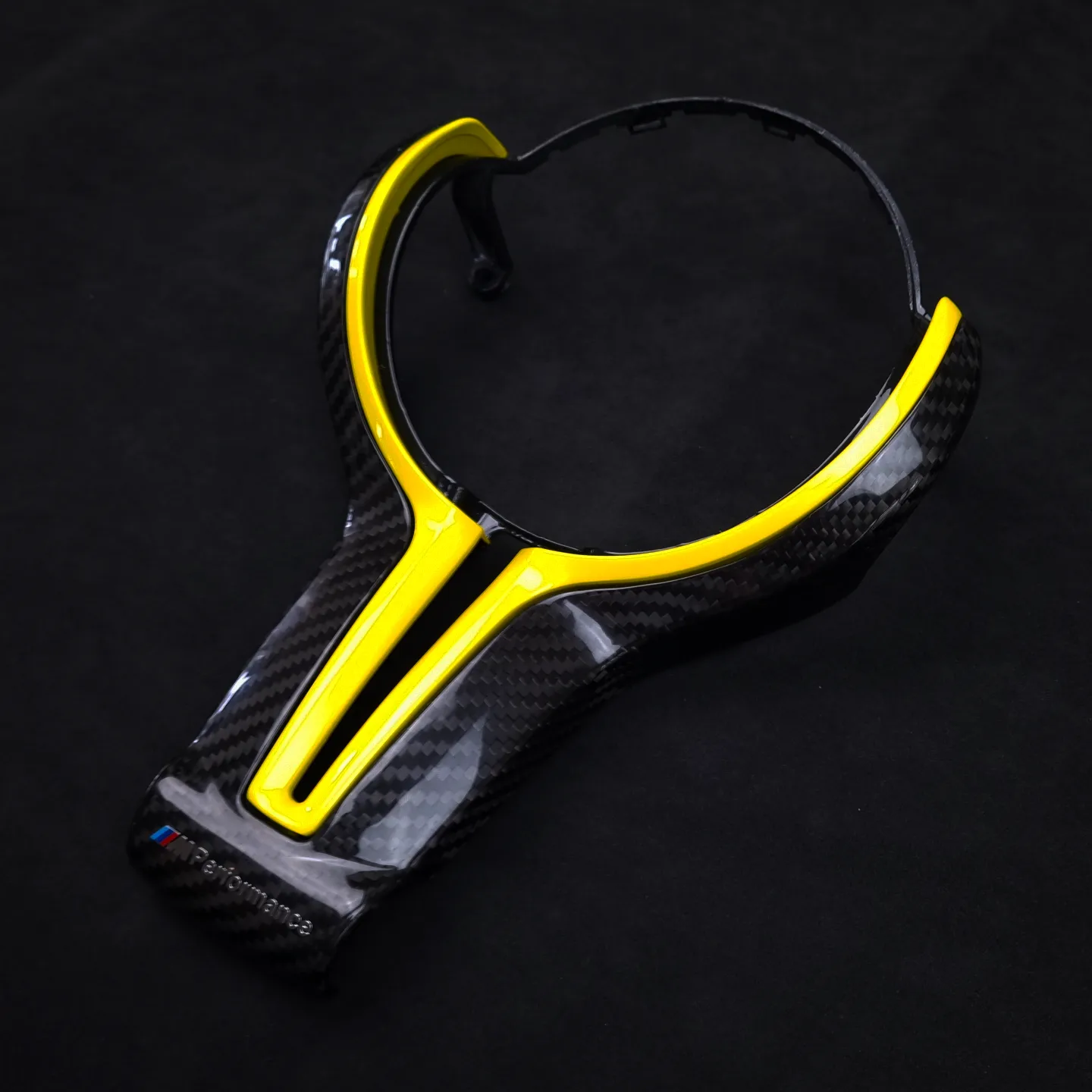 BMW F series Gloss Carbon Fibre Centre trim with MPerformance badge and Gloss Yellow bezel - Image 7