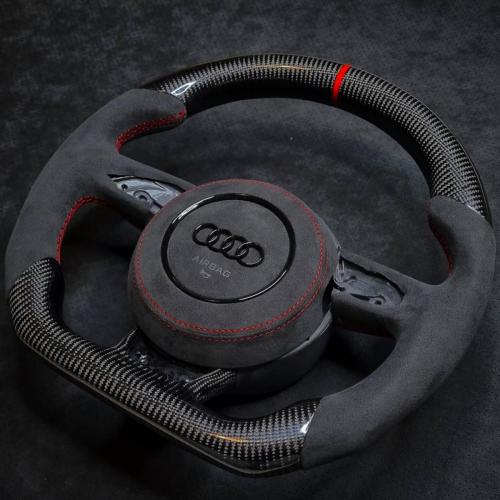 Alcantara 9002 Charcoal with red stitching and Gloss Twill Carbon Fibre