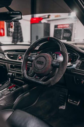 Alcantara 9002 Charcoal with red stitching and Gloss Twill Carbon Fibre