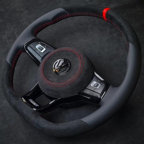 Half Alcantara 9040 Black with smooth black leather, Red top marker, Red Stitching and matching Alcantara Airbag
