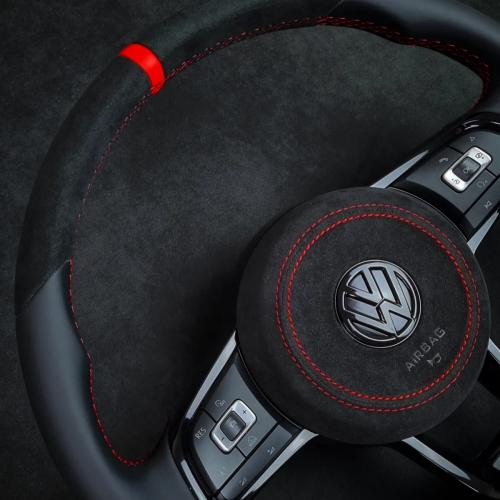 Half Alcantara 9040 Black with smooth black leather, Red top marker, Red Stitching and matching Alcantara Airbag