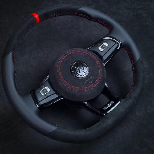 Half Alcantara 9040 Black with smooth black leather, Red top marker, Red Stitching and matching Alcantara Airbag
