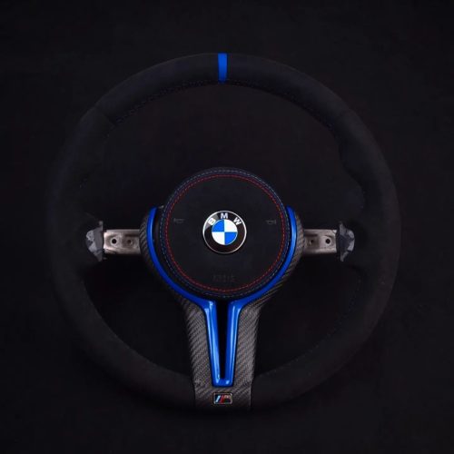 Full Alcantara 9040 Black with Blue 12 o clock top marker and dry carbon and blue centre trim